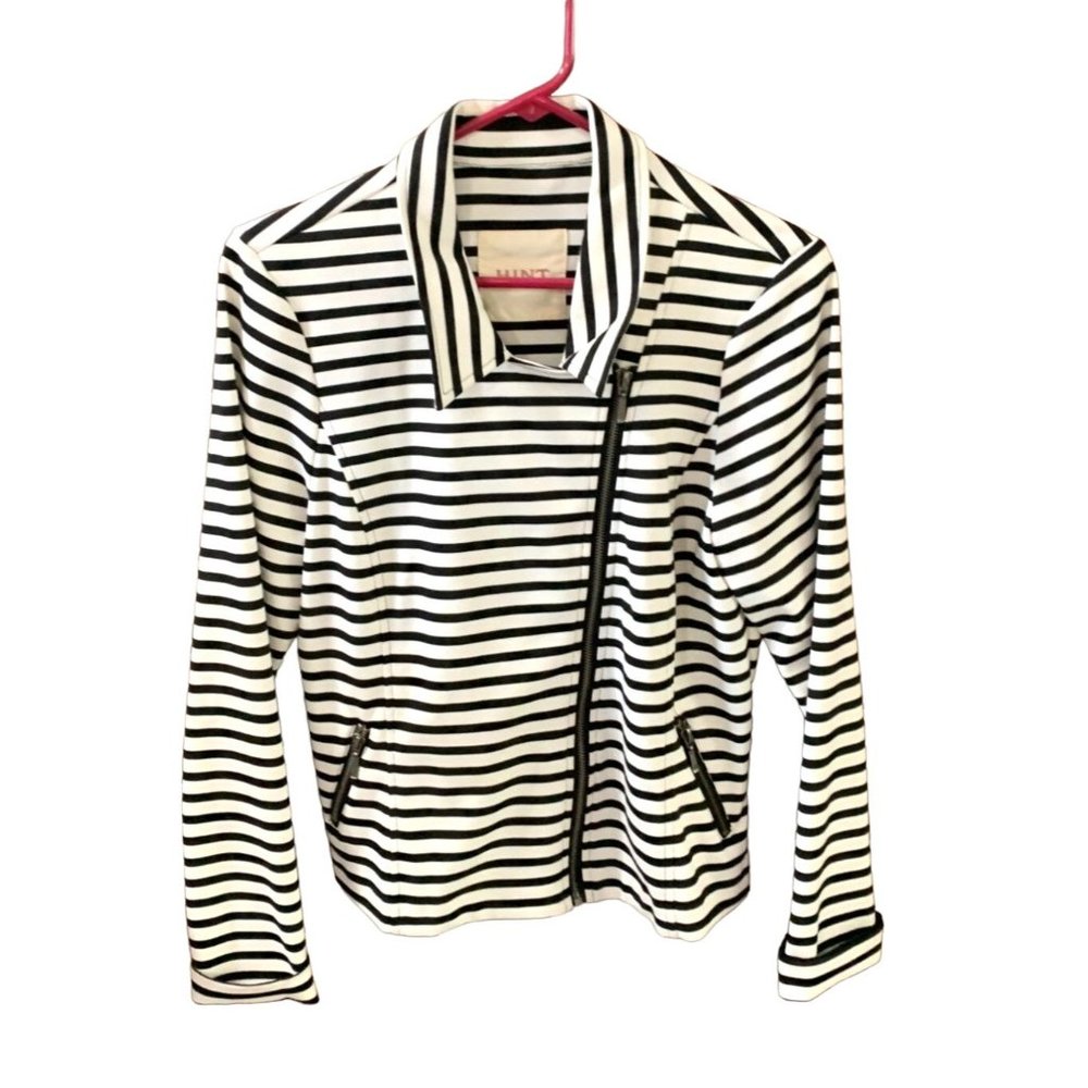Hint Womens Size Large L Full Zip Jacket Coat Blazer Black White Striped Off Cen